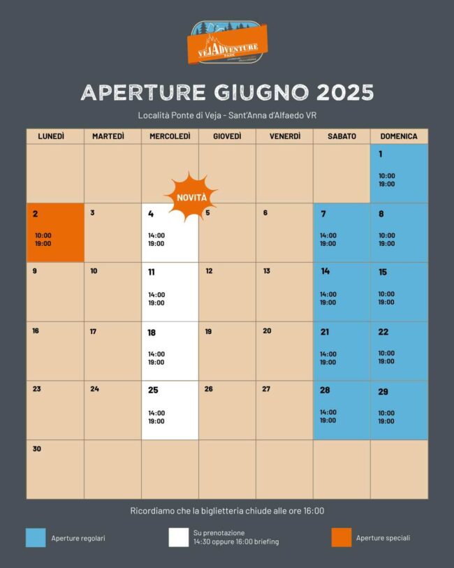 calendario-giugno aperture infrasettimanali veja adventure park